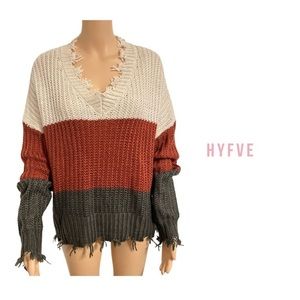 Hyfve Women's Striped Colorblock Knit Pullover Long Sleeve V-neck Loose Sweater